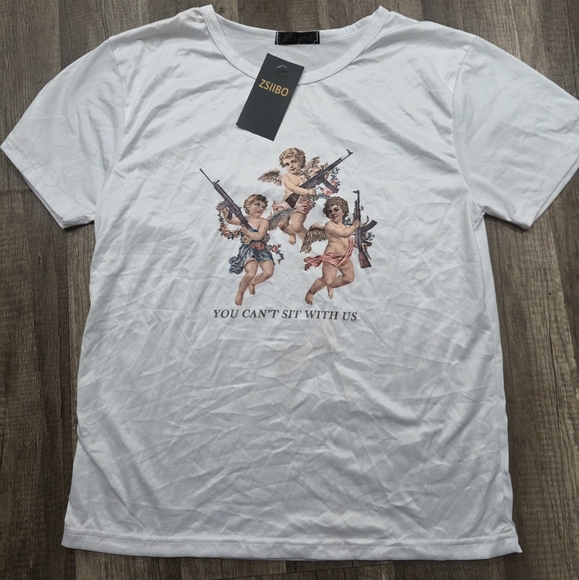 Nwt Angel Print Guns Tee Shirt Baby Tee 90s Y2K Dollskill Sugarthrillz - Picture 3 of 8